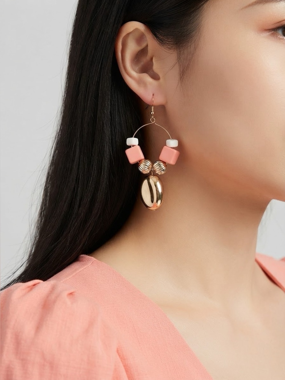 Coral & Gold Geometric Dangle Earrings | Boho Mixed Media Hoops